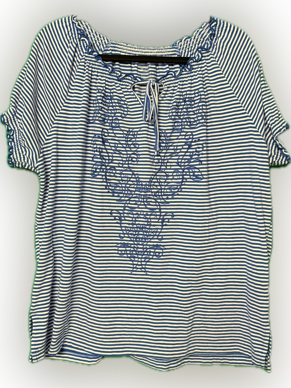 Faded Glory Navy & White Striped Embroidered Peasant Blouse